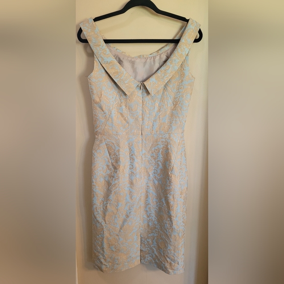 Linda Asaf 8 Off Shoulder Cotton Silk Brocade Designer Gild Blue Formal Dress - Picture 2 of 4